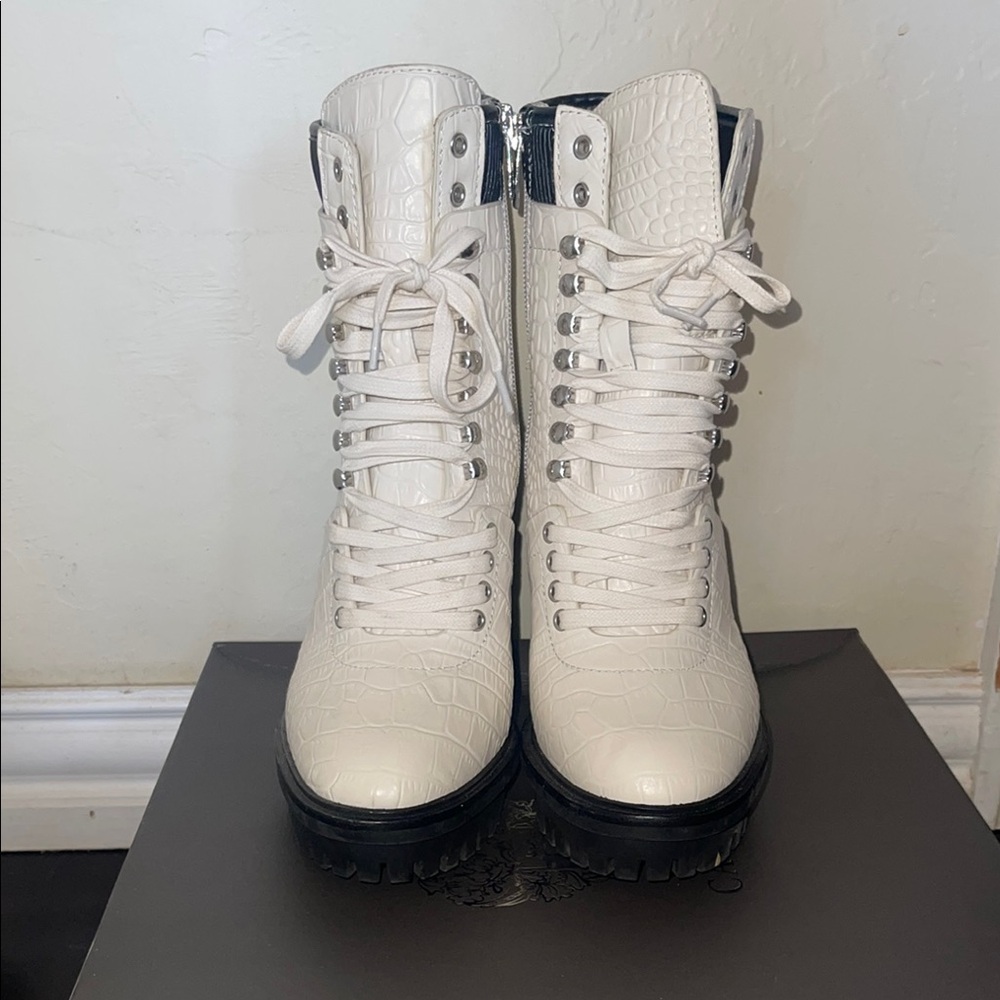 Stylish White Croc-Embossed Combat Boots